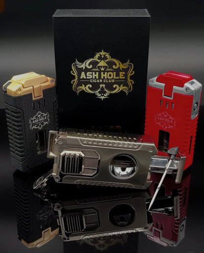 Ash Hole Triple Jet  Windproof Butane Cigar Lighter with Built-in Accessories